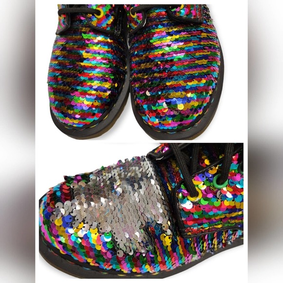 Dr Doc Martens Pascal Boots Sequin Rainbow / Silver Moto Size 5 UK / 7 Women's - Picture 10 of 12
